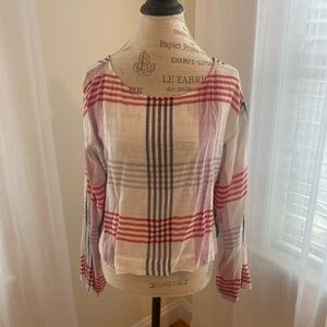 Cloth & Stone Cream Plaid Boxy Long Sleeve Blouse Super Thin Cotton